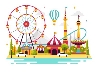 Tema Parkları Vektör İllüstrasyonunda bir lunapark, dönme dolabı, eğlence oyun kulübeleri, bilet kutusu ve arka planda ticaret fuarı tezgahları yer alıyor.