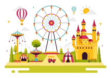Tema Parkları Vektör İllüstrasyonunda bir lunapark, dönme dolabı, eğlence oyun kulübeleri, bilet kutusu ve arka planda ticaret fuarı tezgahları yer alıyor.