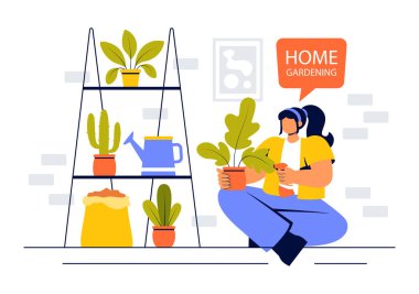 Ev ve Doğa Konsepti Arkaplanında İnsanların Bahçeler, Çiçekler ve Bitkiler Ektiği Ev Bahçesi Vektör İllüstrasyonu