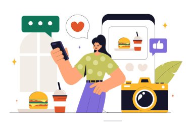 Gıda Blogcusu Vektör İllüstrasyonunda Düz Arkaplandaki Bir Restoranda Bir Blog 'da Etkilenen Eleştiriler ve Paylaşılan Mutfak Deneyimleri