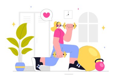 Egzersiz, Sağlık, Akıl Sağlığı, Sağlık Hizmetleri ve Düz Tarzlı Sağlıklı Yaşam Tarzını içeren Spor ve Beden Eğitimi Vektörü İllüstrasyonu