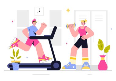 Egzersiz, Sağlık, Akıl Sağlığı, Sağlık Hizmetleri ve Düz Tarzlı Sağlıklı Yaşam Tarzını içeren Spor ve Beden Eğitimi Vektörü İllüstrasyonu