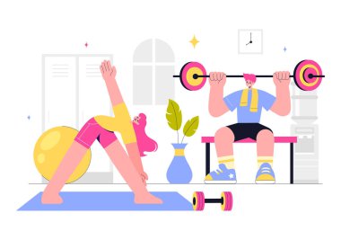 Egzersiz, Sağlık, Akıl Sağlığı, Sağlık Hizmetleri ve Düz Tarzlı Sağlıklı Yaşam Tarzını içeren Spor ve Beden Eğitimi Vektörü İllüstrasyonu