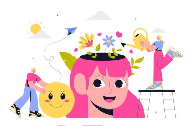 Akıl Sağlığı Vektörü İllüstrasyonunda Beyin ve Çiçekler, Hayattan Zevk Alma, Zihinsel Sorunları Çözme ve Olumlu Düşünme