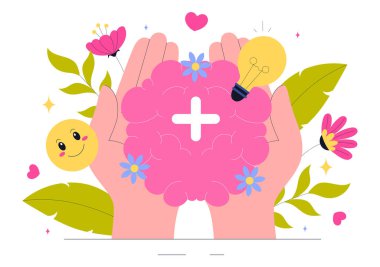 Akıl Sağlığı Vektörü İllüstrasyonunda Beyin ve Çiçekler, Hayattan Zevk Alma, Zihinsel Sorunları Çözme ve Olumlu Düşünme