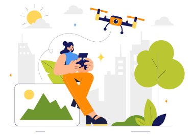 Drone Fotoğraf Vektörü İllüstrasyonu Uzaktan kumandalı bir İHA, Yukarıdan Düz Arkaplanda Hava Fotoğrafları ve Videoları Yakalıyor