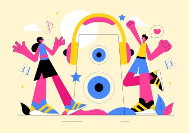 Müzisyenlerle çeşitli müzik enstrümanları çalan insanların sahne arkasında canlı performans sergilediği Music Entertainment Vector Illustration