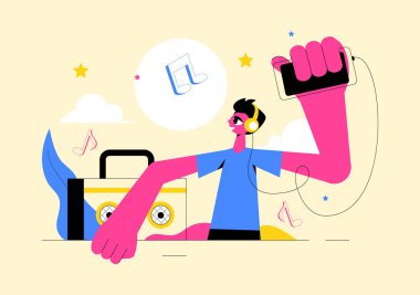 Müzisyenlerle çeşitli müzik enstrümanları çalan insanların sahne arkasında canlı performans sergilediği Music Entertainment Vector Illustration