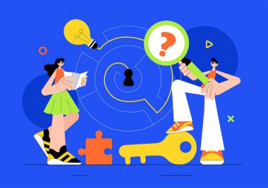 Kaçış Odası Vektör İllüstrasyonunda Yapbozları Çözen, Anahtarları Arayan, Tuzaklardan Kaçış ve Zorlu Sorulara Çözümler Bulma