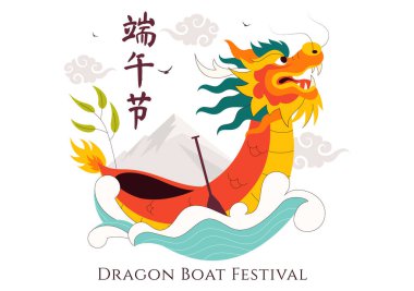 Duanwu Çevirisi: Ejderha Teknesi Festivali Vektör İllüstrasyonunda Nehirde Ejderha Teknesi Yarışı yer alıyor.