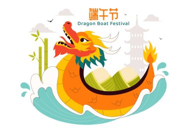 Duanwu Çevirisi: Ejderha Teknesi Festivali Vektör İllüstrasyonunda Nehirde Ejderha Teknesi Yarışı yer alıyor.
