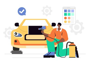 Aracın Özelleştirilmesi ve Değiştirilmesi Vektör İllüstrasyonunda Geliştirilmiş Tekerlekleri, Nitro Sistemleri ve Vücut Kiti Geliştirme Aracı