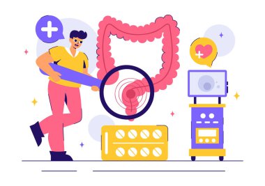 Proktolog ya da Kolonoskopi Vektör İllüstrasyonunda Kalın bağırsağı ya da İnce Bağırsağı İnceleme ve Arkaplanda Zararlı Bakterileri Gösterme