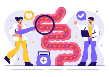 Proktolog ya da Kolonoskopi Vektör İllüstrasyonunda Kalın bağırsağı ya da İnce Bağırsağı İnceleme ve Arkaplanda Zararlı Bakterileri Gösterme