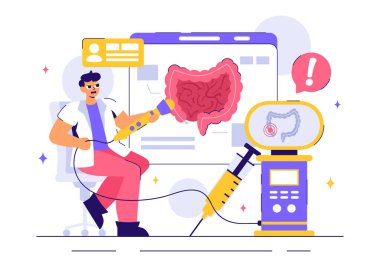 Proktolog ya da Kolonoskopi Vektör İllüstrasyonunda Kalın bağırsağı ya da İnce Bağırsağı İnceleme ve Arkaplanda Zararlı Bakterileri Gösterme