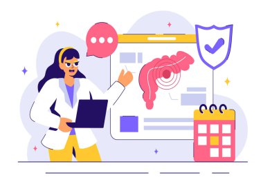 Proktolog ya da Kolonoskopi Vektör İllüstrasyonunda Kalın bağırsağı ya da İnce Bağırsağı İnceleme ve Arkaplanda Zararlı Bakterileri Gösterme