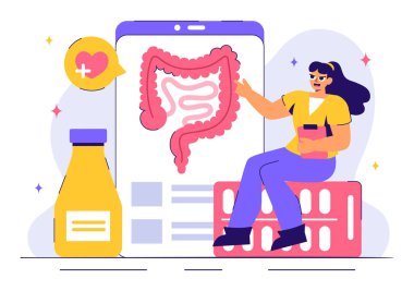 Proktolog ya da Kolonoskopi Vektör İllüstrasyonunda Kalın bağırsağı ya da İnce Bağırsağı İnceleme ve Arkaplanda Zararlı Bakterileri Gösterme