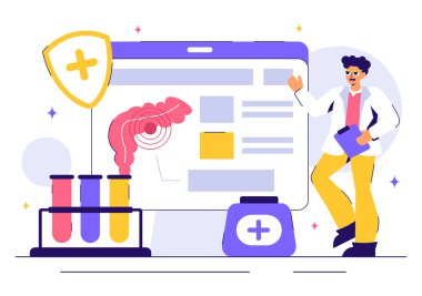 Proktolog ya da Kolonoskopi Vektör İllüstrasyonunda Kalın bağırsağı ya da İnce Bağırsağı İnceleme ve Arkaplanda Zararlı Bakterileri Gösterme