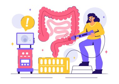 Proktolog ya da Kolonoskopi Vektör İllüstrasyonunda Kalın bağırsağı ya da İnce Bağırsağı İnceleme ve Arkaplanda Zararlı Bakterileri Gösterme