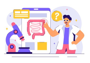 Proktolog ya da Kolonoskopi Vektör İllüstrasyonunda Kalın bağırsağı ya da İnce Bağırsağı İnceleme ve Arkaplanda Zararlı Bakterileri Gösterme