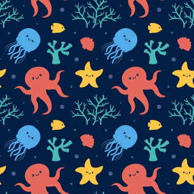 Okyanusların Kusursuz Desenli Tasarımı Çizgi Filmde Okyanus Dekoratif Elementleri Biçimlendirme Şablonu