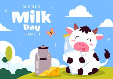Süt Şişesi ve Şirin İnek Mandırası ile Dünya Süt Günü Vektör İllüstrasyonu 1 Haziran 'da düz stil karikatür arka planında