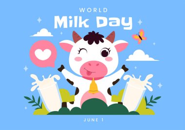 Süt Şişesi ve Şirin İnek Mandırası ile Dünya Süt Günü Vektör İllüstrasyonu 1 Haziran 'da düz stil karikatür arka planında