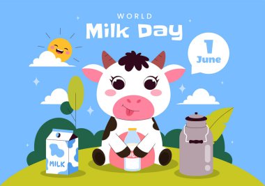 Süt Şişesi ve Şirin İnek Mandırası ile Dünya Süt Günü Vektör İllüstrasyonu 1 Haziran 'da düz stil karikatür arka planında