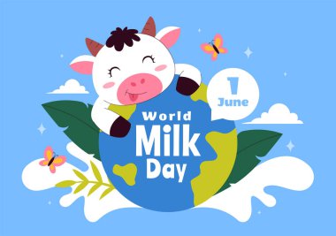 Süt Şişesi ve Şirin İnek Mandırası ile Dünya Süt Günü Vektör İllüstrasyonu 1 Haziran 'da düz stil karikatür arka planında