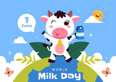Süt Şişesi ve Şirin İnek Mandırası ile Dünya Süt Günü Vektör İllüstrasyonu 1 Haziran 'da düz stil karikatür arka planında