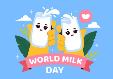 Süt Şişesi ve Şirin İnek Mandırası ile Dünya Süt Günü Vektör İllüstrasyonu 1 Haziran 'da düz stil karikatür arka planında