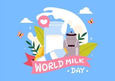 Süt Şişesi ve Şirin İnek Mandırası ile Dünya Süt Günü Vektör İllüstrasyonu 1 Haziran 'da düz stil karikatür arka planında