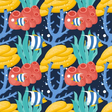 Kusursuz Okyanus Şablonu Dekoratif Deniz Yaşamı Elementleri Çizgi Filmlerdeki Düz Çizim Şablonu