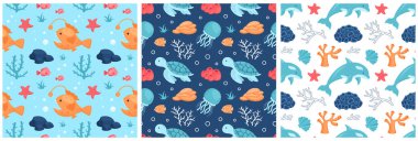 Kusursuz Okyanus Şablonu Dekoratif Deniz Yaşamı Elementleri Çizgi Filmlerdeki Düz Çizim Şablonu