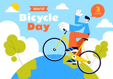 Dünya Bisiklet Günü Vektör İllüstrasyonu 3 Haziran 'da Düz Arkaplanlı Binalar ve Ağaçlarla Bir Yol Üzerinde Bisiklete Binen Bir Kişi Gösterildi