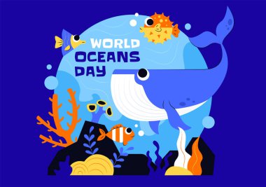 Okyanusları, Deniz Yaşamını, Ekosistemleri ve Düztabanlı Deniz Bitkilerini Koruma ve Korumaya Yardım Etmek İçin Dünya Okyanusları Günü Vektör İlülasyonu
