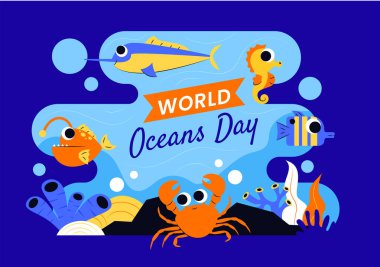 Okyanusları, Deniz Yaşamını, Ekosistemleri ve Düztabanlı Deniz Bitkilerini Koruma ve Korumaya Yardım Etmek İçin Dünya Okyanusları Günü Vektör İlülasyonu