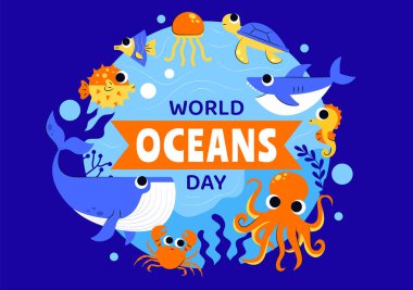 Okyanusları, Deniz Yaşamını, Ekosistemleri ve Düztabanlı Deniz Bitkilerini Koruma ve Korumaya Yardım Etmek İçin Dünya Okyanusları Günü Vektör İlülasyonu