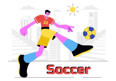 Futbol Ligi ve Spor Maçı için Yeşil Saha 'da Futbol Topu Tekmeleyen Bir Adam Çizgi Film Arkaplanda