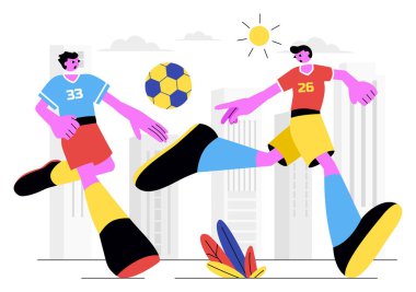 Futbol Ligi ve Spor Maçı için Yeşil Saha 'da Futbol Topu Tekmeleyen Bir Adam Çizgi Film Arkaplanda