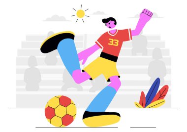 Futbol Ligi ve Spor Maçı için Yeşil Saha 'da Futbol Topu Tekmeleyen Bir Adam Çizgi Film Arkaplanda