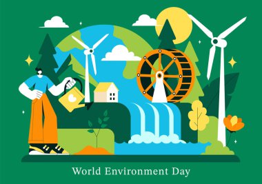 Yeşil Ağaçlar ve Bitkilerle Bir Ormanda Dünya Çevre Günü Vektör Resimleri, Gezegeni Kurtarma ve Bir Arkaplanda Dünya 'ya Bakma