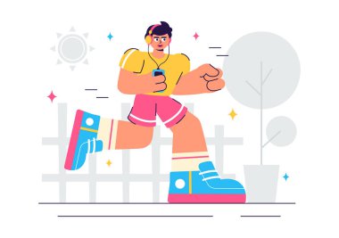 Dışarıdaki Atmosferin Düz Tarzlı Arkaplanda Keyifli Gezintiler ve Koşan İnsanlar içeren Yarış Vektörü İllüstrasyonu