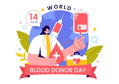 Dünya Kan Bağışı Günü Vektör İlülasyonu 14 Haziran 'da, Alıcılara Yardım Etmek ve Düz Tarzda Yaşamları Kurtarmak İçin Bağışlanan İnsan Kanı