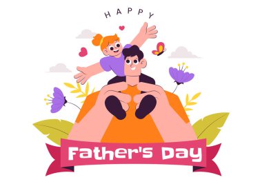 15 Haziran 'da Babalar Günü Vektör İllüstrasyonunuz kutlu olsun. Oğlu ya da Kızıyla Bir Baba Düz Tarzlı Çizgi Filmde Birlikte Oynuyor.