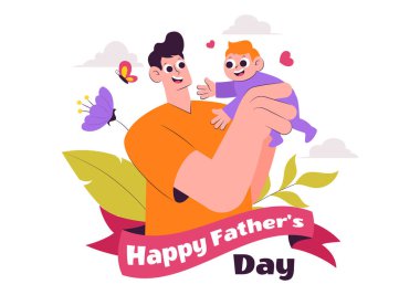 15 Haziran 'da Babalar Günü Vektör İllüstrasyonunuz kutlu olsun. Oğlu ya da Kızıyla Bir Baba Düz Tarzlı Çizgi Filmde Birlikte Oynuyor.