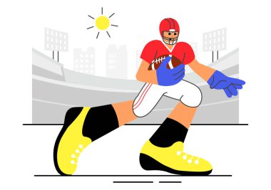 Amerikan Futbolu Vektör İllüstrasyonunda, Stadyumda Düz Tarzlı Çizgi Film Arkaplanındaki Maç sırasında Topu Tutan Sporcular