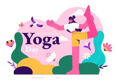 Uluslararası Yoga Günü Vektör Resimleri 21 Haziran 'da, Yoga Poz Veren Bir Kadın veya Düz Sağlık Hizmeti Arkaplanında Meditasyon