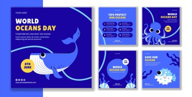 Düz Çizgi Film Arkaplanlı Dünya Okyanusları Gündüz Farkındalığı Gönderisi