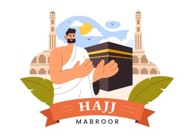 Hacc veya Umrah Mabroor Mabroor İllüstrasyonunda Müslümanlar Mekke 'ye hacca giderken Kabe ve Düz bir zeminde Cami' yi ziyaret ederler.